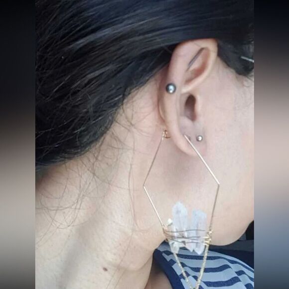 Crystal Quartz Stone Gold Geometric Triangle Hoop Statement Earrings - Picture 9 of 14